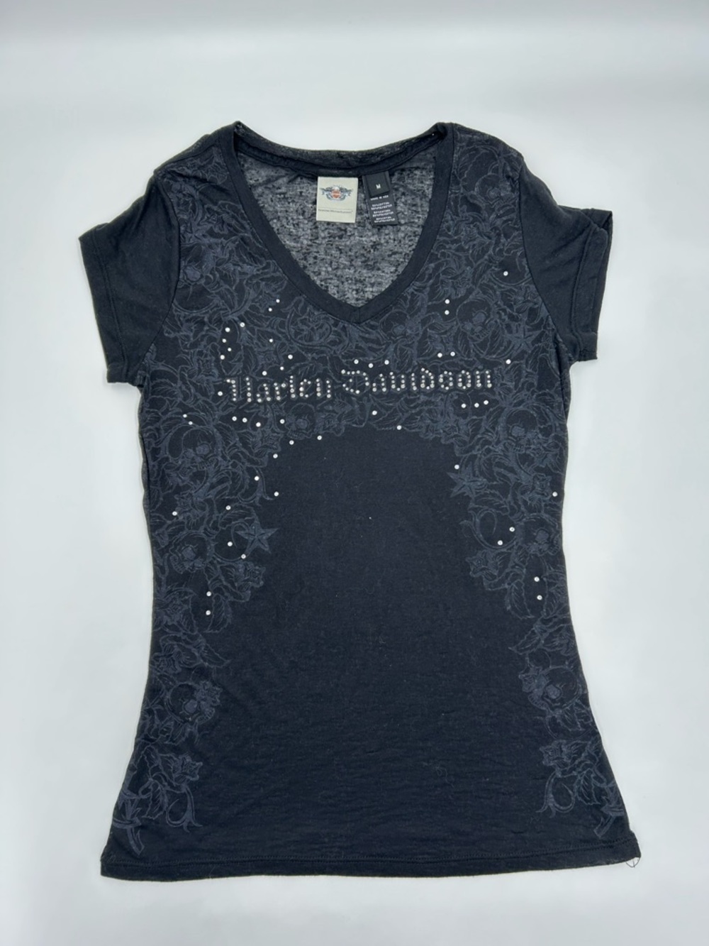 Harley-Davidson Black V-Neck Floral Stud Accent Tee